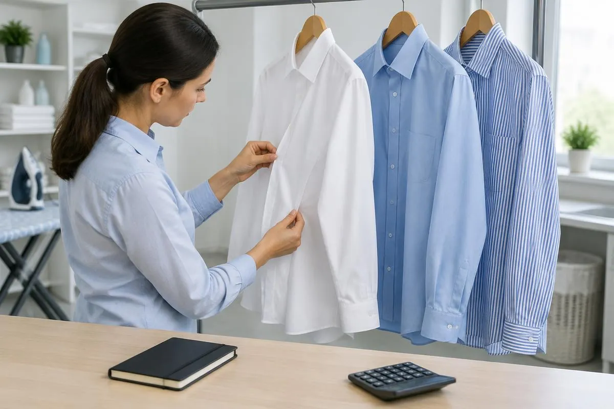 Persona examinando tres camisas para comparar opciones de planchado