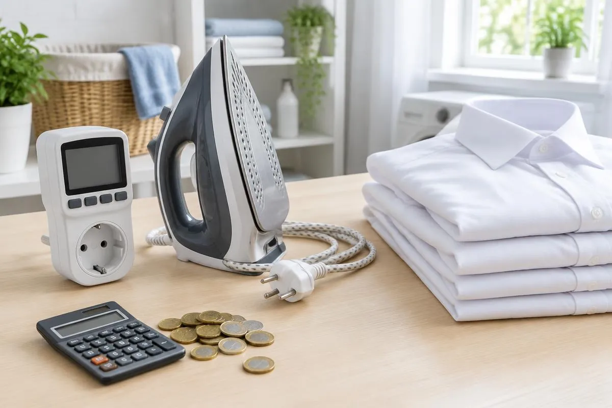 Medidor eléctrico, plancha, calculadora y camisas dobladas