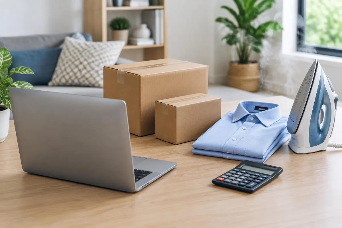 Paquetes, portátil, plancha y camisa doblada para comparar aparatos